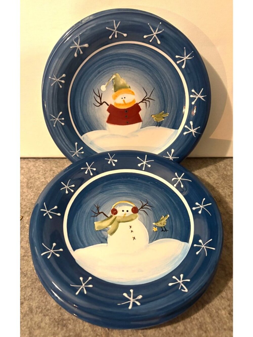 Sonoma Life Style Set of 4 8" Vintage Blue Snowmen Salad/Dessert Plates  # 3358